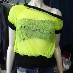 Tidal Cool Off Shoulder Slouch Shirt In Lemon Lace With Black Cuffs Tops And Ponchos