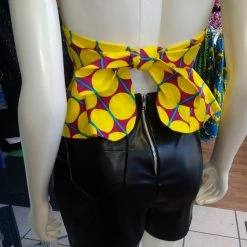 Tidal Cool Flirty Ankara Halter Top With Peplum Made From Yellow Polka Dot African Wax Block Cotton From Ghana