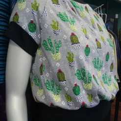 Tidal Cool Raglan Pullover In Grey Cactus Print Jersey Knit With Silver Sleeves Tops And Ponchos
