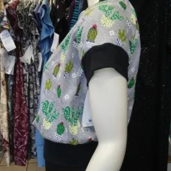 Tidal Cool Raglan Pullover In Grey Cactus Print Jersey Knit With Silver Sleeves Tops And Ponchos