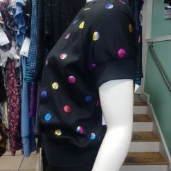 Tidal Cool Tops And Ponchos Black Raglan Pullover In Shimmery Rainbow Iridescent Polka Dot Knit
