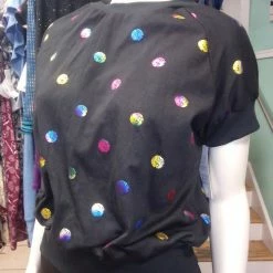 Tidal Cool Tops And Ponchos Black Raglan Pullover In Shimmery Rainbow Iridescent Polka Dot Knit