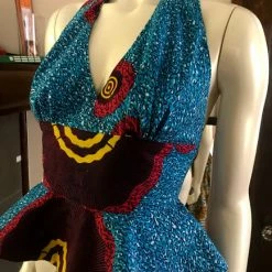 Tidal Cool Tops And Ponchos Flirty African Print Halter Top With Peplum Made From Turquoise And Pink Ankara