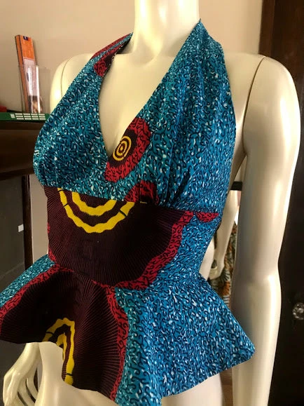 Tidal Cool Tops And Ponchos Flirty African Print Halter Top With Peplum Made From Turquoise And Pink Ankara