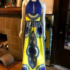 Tidal Cool Plunge Halter Maxi Dress In African Dashiki Cotton In Blue And Yellow Dresses