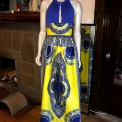 Tidal Cool Plunge Halter Maxi Dress In African Dashiki Cotton In Blue And Yellow Dresses