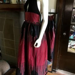 Tidal Cool African Print Plunge Halter Maxi Dress In Black And Brick Red Ankara Wax Cotton Dresses