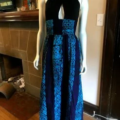 Tidal Cool Dresses African Print Plunge Halter Maxi Dress In Black And Blue Batik Cotton