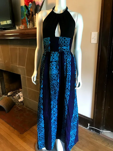 Tidal Cool Dresses African Print Plunge Halter Maxi Dress In Black And Blue Batik Cotton