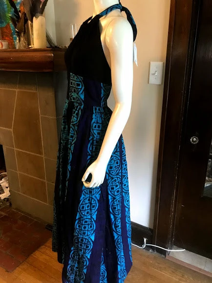 Tidal Cool Dresses African Print Plunge Halter Maxi Dress In Black And Blue Batik Cotton