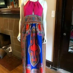 Tidal Cool Dresses Plunge Halter Maxi Dress In African Dashiki Cotton In Blue And Pink