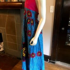 Tidal Cool African Print Plunge Halter Maxi Dress In Bright Pink And Turquoise Ankara Wax Cotton