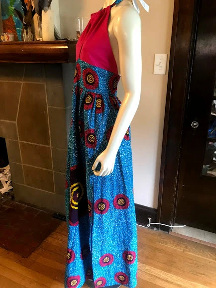 Tidal Cool African Print Plunge Halter Maxi Dress In Bright Pink And Turquoise Ankara Wax Cotton