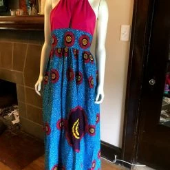 Tidal Cool African Print Plunge Halter Maxi Dress In Bright Pink And Turquoise Ankara Wax Cotton
