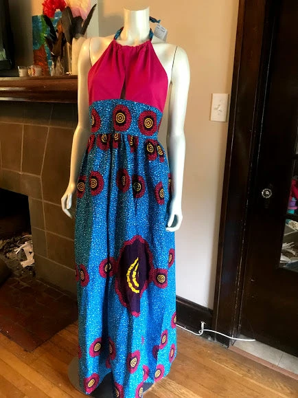 Tidal Cool African Print Plunge Halter Maxi Dress In Bright Pink And Turquoise Ankara Wax Cotton