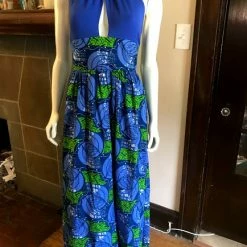 Tidal Cool Dresses Plunge Halter Maxi Dress In Blue And Green African Print Wax Cotton