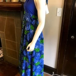 Tidal Cool Dresses Plunge Halter Maxi Dress In Blue And Green African Print Wax Cotton