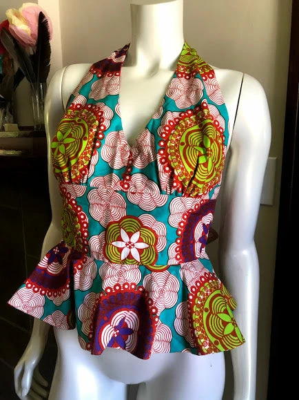 Tidal Cool Flirty African Print Halter Top With Peplum Made From Bright Mutlicolored Ankara