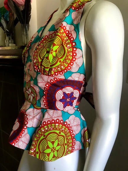 Tidal Cool Flirty African Print Halter Top With Peplum Made From Bright Mutlicolored Ankara