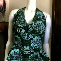 Tidal Cool Tops And Ponchos Flirty African Batik Halter Top With Peplum Made From Green And Black Batik Cotton