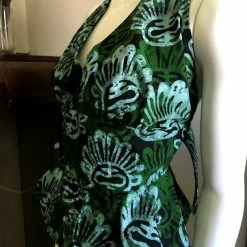 Tidal Cool Tops And Ponchos Flirty African Batik Halter Top With Peplum Made From Green And Black Batik Cotton