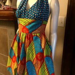 Tidal Cool Flirty Halter Sundress In Blue, Lime Green And Red African Wax Block Cotton Dresses