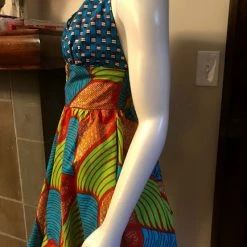 Tidal Cool Flirty Halter Sundress In Blue, Lime Green And Red African Wax Block Cotton Dresses