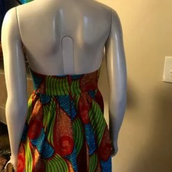 Tidal Cool Flirty Halter Sundress In Blue, Lime Green And Red African Wax Block Cotton Dresses