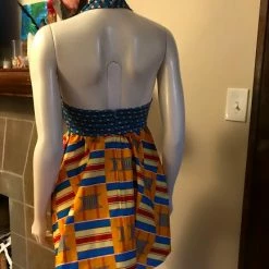 Tidal Cool Flirty African Print Halter Sundress In Blue And Yellow Ghanaian Stool Motif Ankara Wax Block Cotton