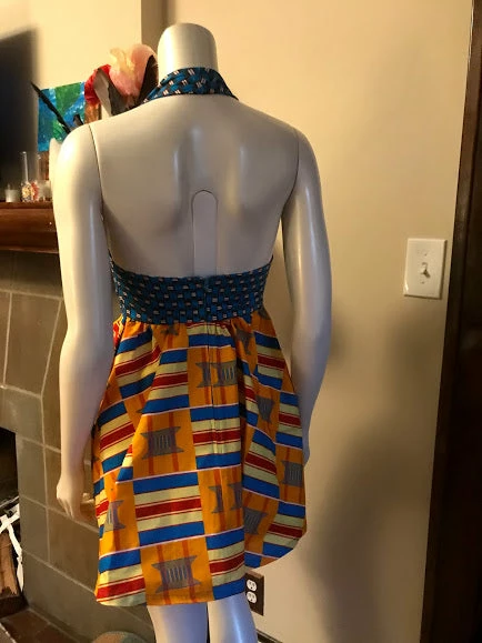 Tidal Cool Flirty African Print Halter Sundress In Blue And Yellow Ghanaian Stool Motif Ankara Wax Block Cotton