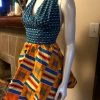 Tidal Cool Flirty African Print Halter Sundress In Blue And Yellow Ghanaian Stool Motif Ankara Wax Block Cotton