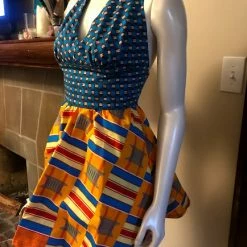Tidal Cool Flirty African Print Halter Sundress In Blue And Yellow Ghanaian Stool Motif Ankara Wax Block Cotton