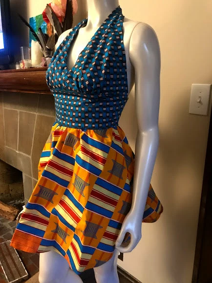 Tidal Cool Flirty African Print Halter Sundress In Blue And Yellow Ghanaian Stool Motif Ankara Wax Block Cotton