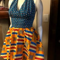 Tidal Cool Flirty African Print Halter Sundress In Blue And Yellow Ghanaian Stool Motif Ankara Wax Block Cotton