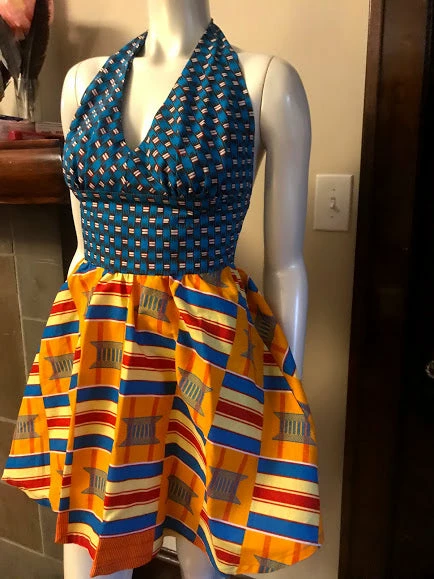 Tidal Cool Flirty African Print Halter Sundress In Blue And Yellow Ghanaian Stool Motif Ankara Wax Block Cotton