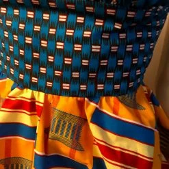 Tidal Cool Flirty African Print Halter Sundress In Blue And Yellow Ghanaian Stool Motif Ankara Wax Block Cotton