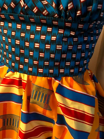 Tidal Cool Flirty African Print Halter Sundress In Blue And Yellow Ghanaian Stool Motif Ankara Wax Block Cotton