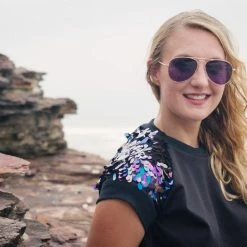 Tidal Cool Tops And Ponchos Black Iridescent Sequin And Knit Pullover Crewneck