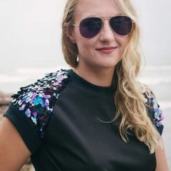 Tidal Cool Tops And Ponchos Black Iridescent Sequin And Knit Pullover Crewneck