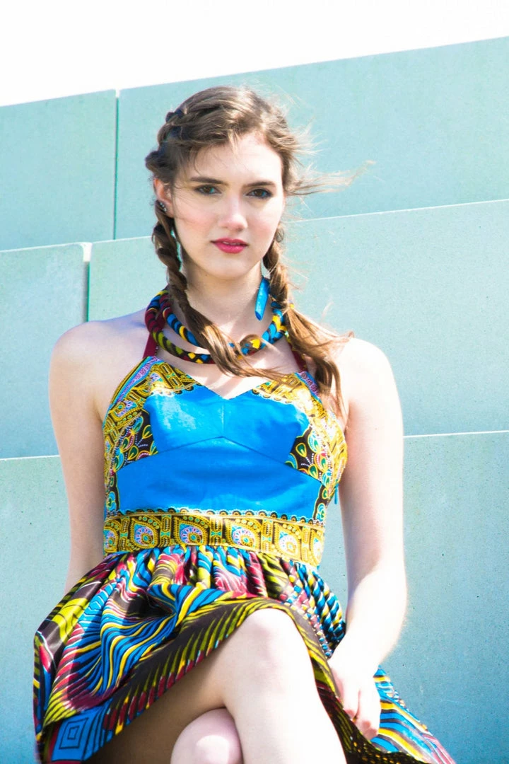 Tidal Cool Dresses Halter Neck Sundress In Rich Dashiki And Feather African Ankara Prints