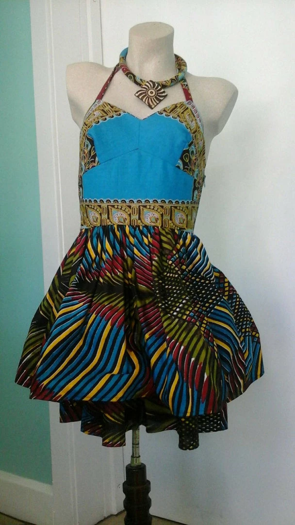 Tidal Cool Dresses Halter Neck Sundress In Rich Dashiki And Feather African Ankara Prints