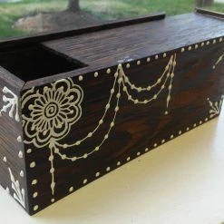 Tidal Cool Hand Carved Wooden Slide-Lid Box W/ Acrylic Henna Painting