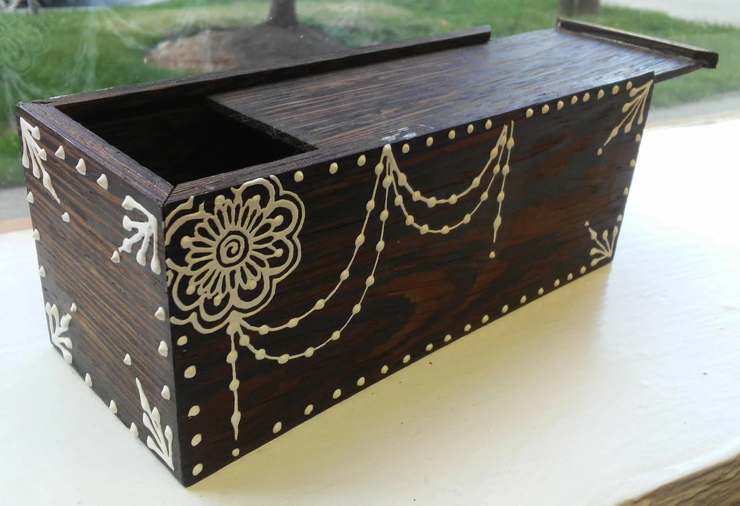 Tidal Cool Hand Carved Wooden Slide-Lid Box W/ Acrylic Henna Painting