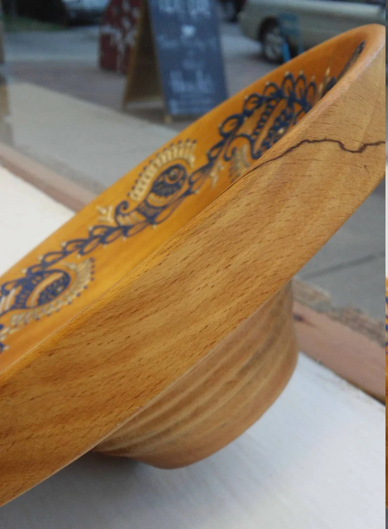 Tidal Cool Hand Carved Wooden Bowl W/ Acrylic Henna Painting Henna Art And Decor