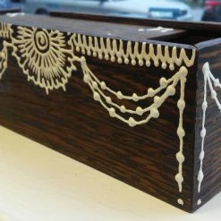 Tidal Cool Henna Art And Decor Hand Carved Wooden Slide-Lid Box W/ Acrylic Henna Painting