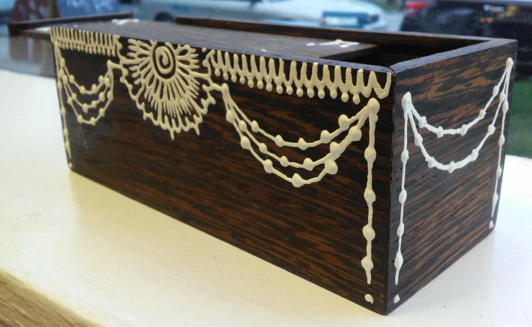 Tidal Cool Henna Art And Decor Hand Carved Wooden Slide-Lid Box W/ Acrylic Henna Painting