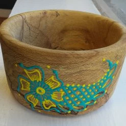 Tidal Cool Hand Carved Wooden Bowl W/ Acrylic Henna Painting Henna Art And Decor