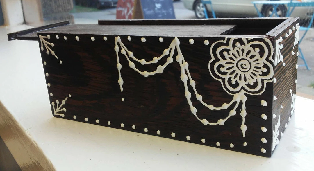 Tidal Cool Hand Carved Wooden Slide-Lid Box W/ Acrylic Henna Painting