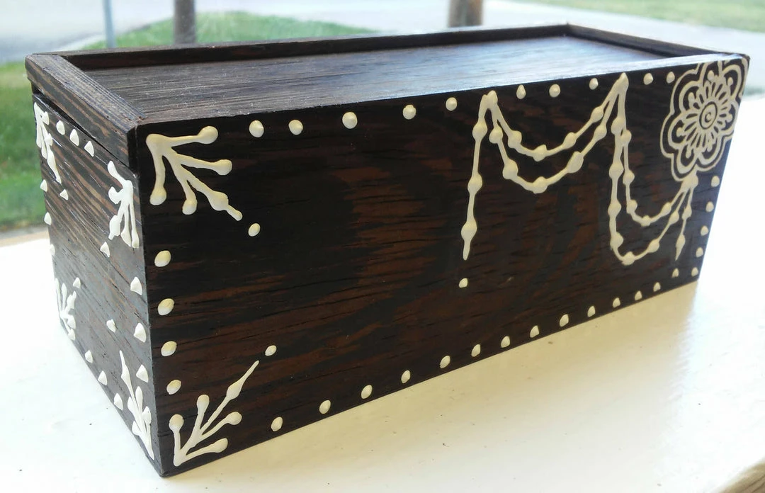 Tidal Cool Hand Carved Wooden Slide-Lid Box W/ Acrylic Henna Painting