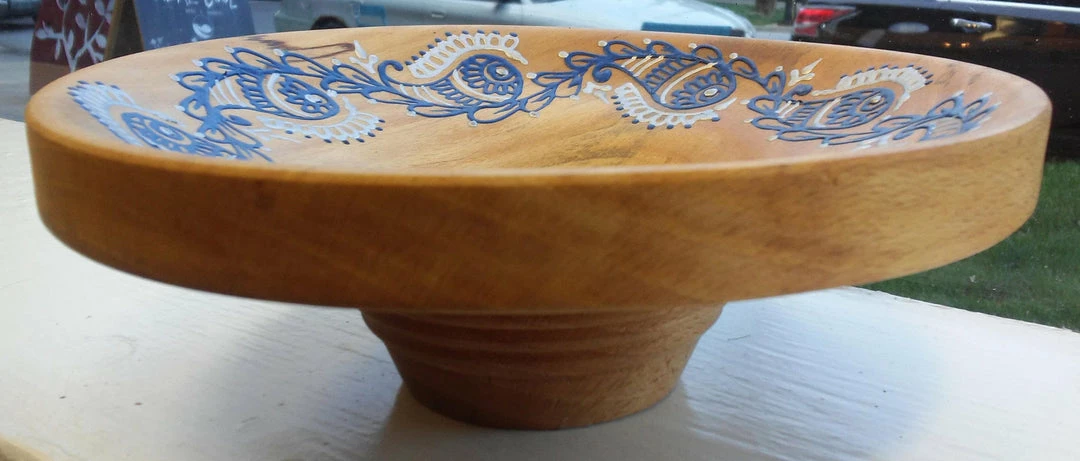 Tidal Cool Hand Carved Wooden Bowl W/ Acrylic Henna Painting Henna Art And Decor